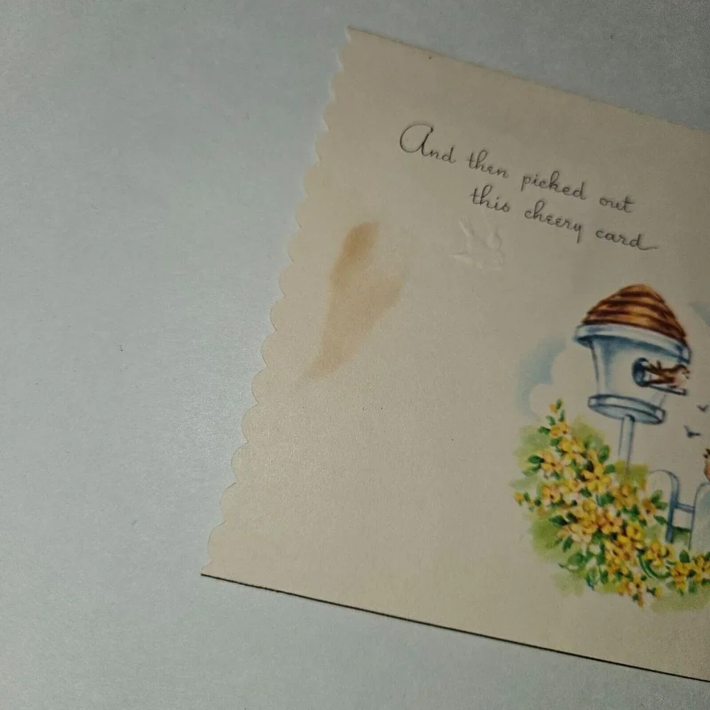 VTG Get Well Greeting Card Boy Girl Gay Birds Whistling Tune Scalloped Edge 4x4